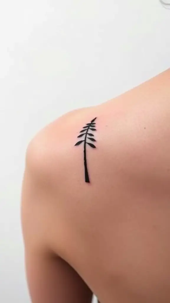 Minimalist cypress tree silhouette tattoo on shoulder