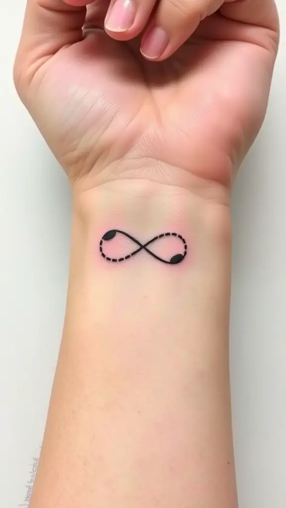 A minimalist dotted infinity symbol tattoo on the wrist.