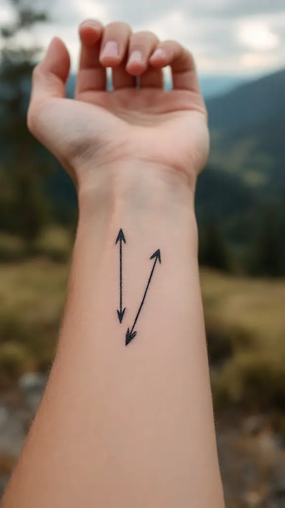 A minimalist double arrow tattoo on a person's wrist.