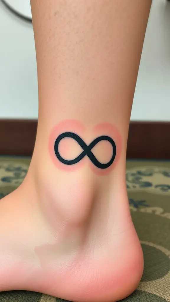 A minimalist double infinity symbol tattoo on the ankle.