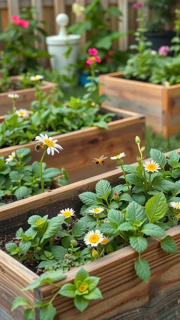 A vibrant bee-friendly garden with flowers and plants in wooden raised beds.