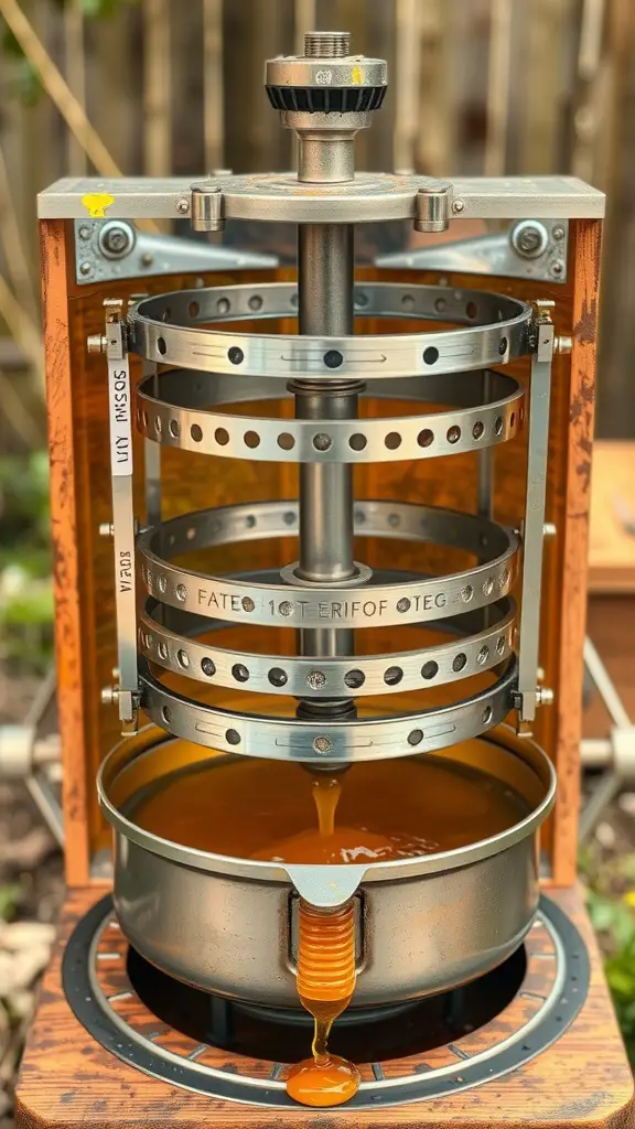 A centrifuge for extracting honey, showing the honey dripping into a container.