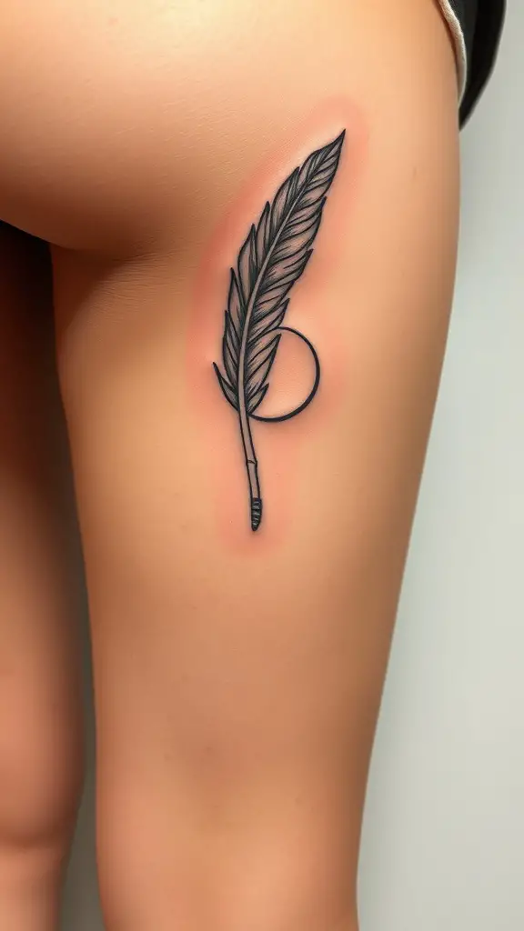 A fine line tattoo of a feather with a moon integration on a person's thigh.