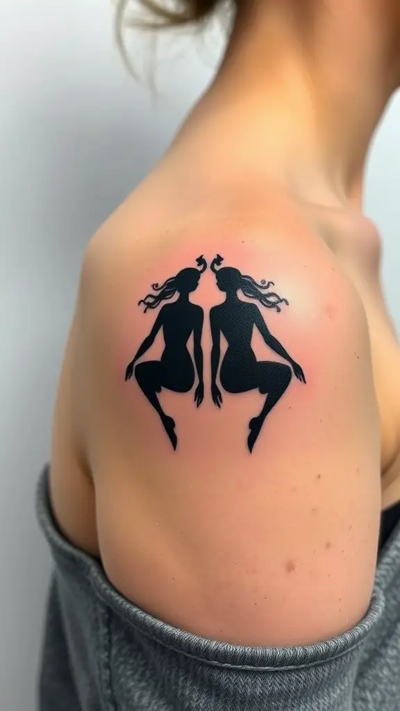 A minimalist tattoo of two Gemini twins silhouettes on a shoulder.