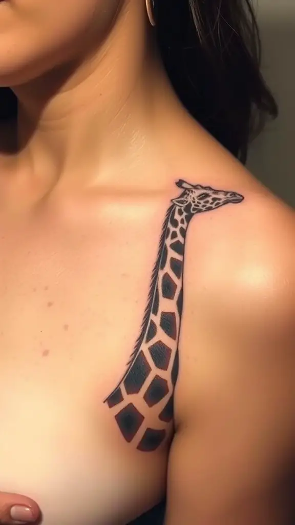 Fine line tattoo of a giraffe neck on a person's shoulder.