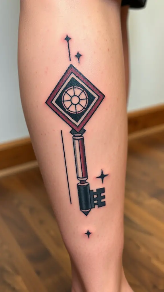 A geometric key tattoo on a leg, featuring clean lines and bold shapes.