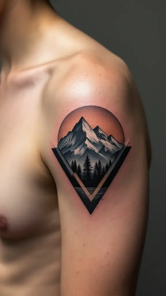 A geometric mountain tattoo design on a person's shoulder