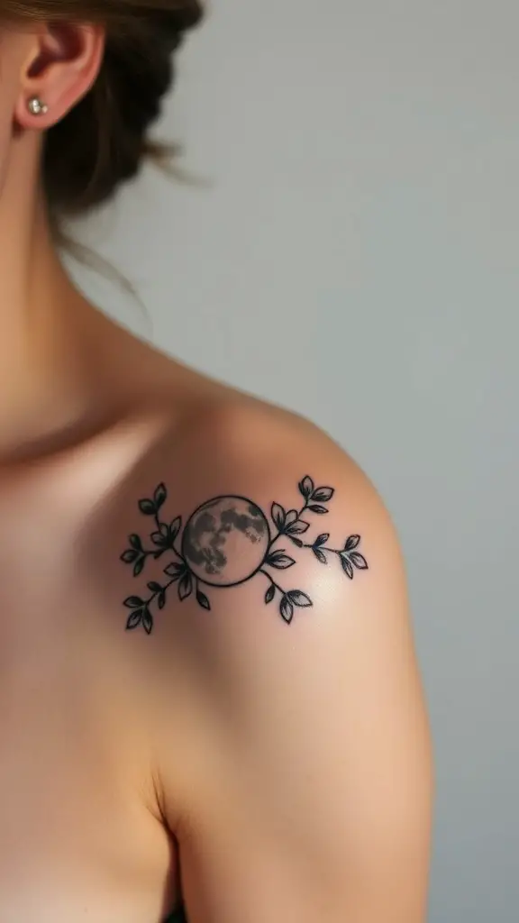 half moon tattoo with floral accents on shoulder