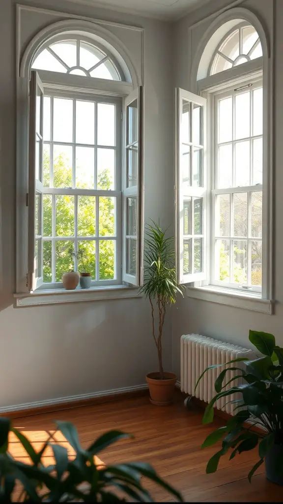 A bright room with large windows open to fresh air and plants nearby.
