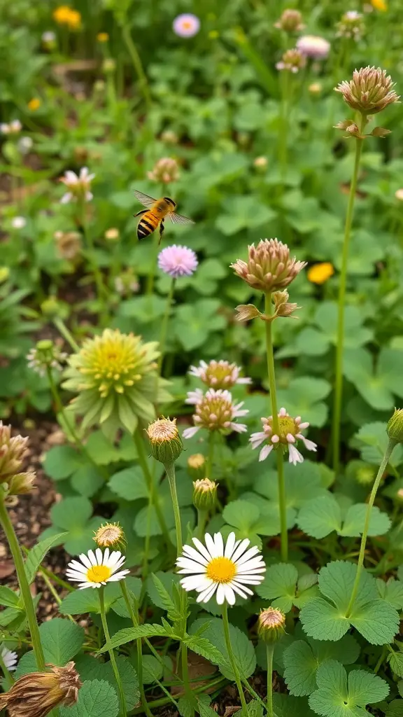 A vibrant bee-friendly garden with various flowers and a bee hovering over them.
