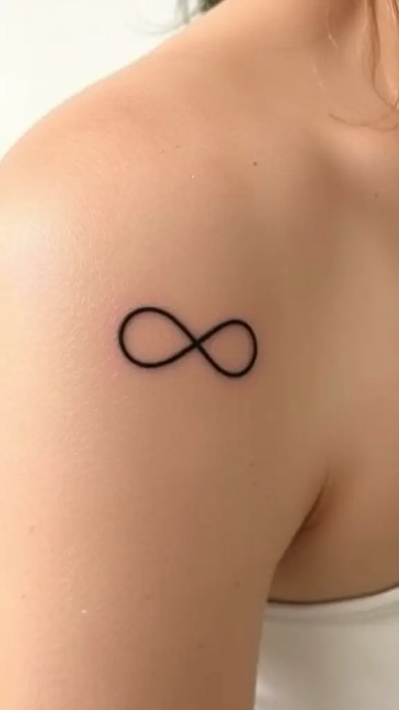 Minimalist infinity symbol tattoo in a circle on a person's shoulder.