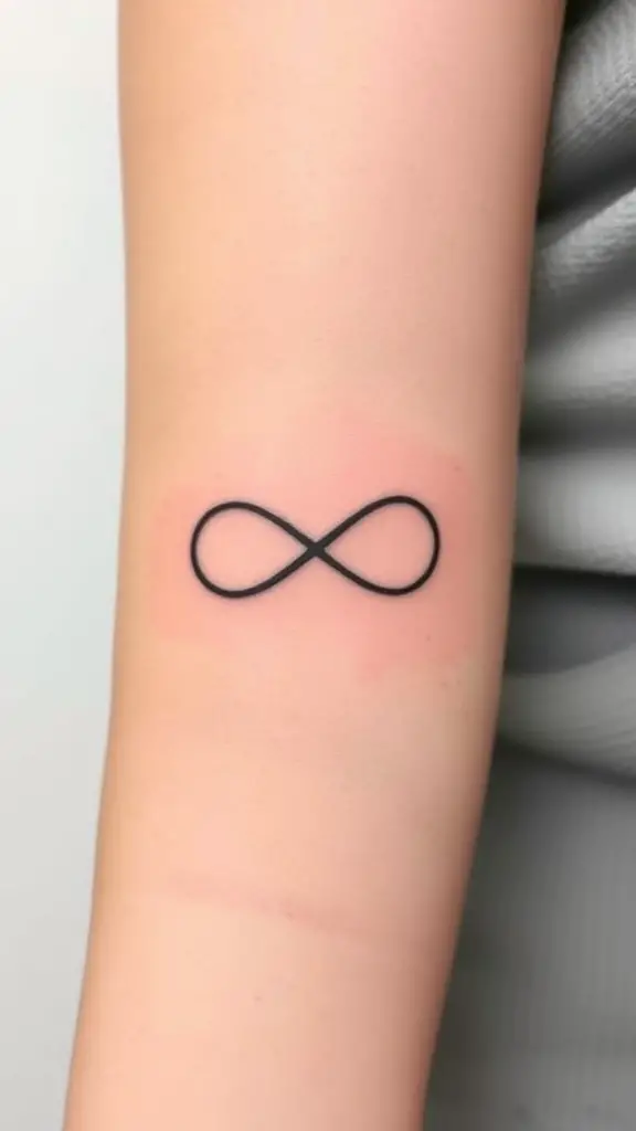 A minimalist tattoo of an infinity symbol with a butterfly above it on a person's back.