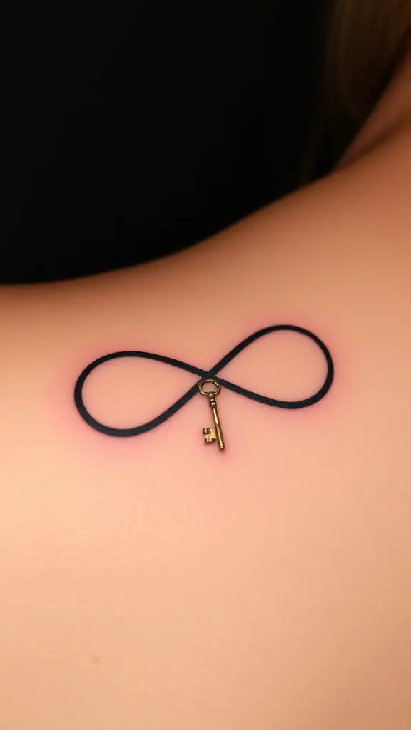 Tattoo of an infinity symbol with a key on a wrist.