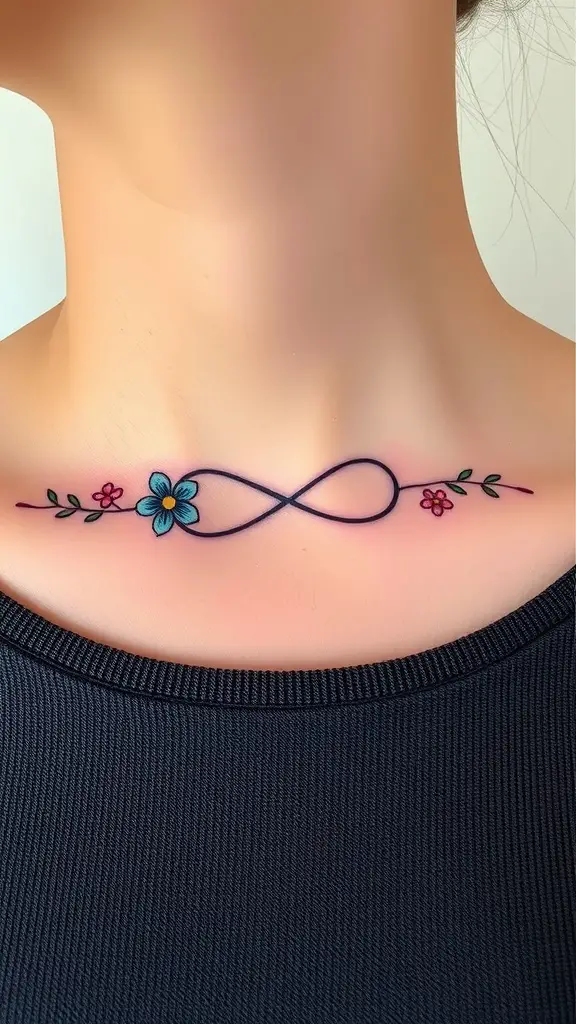 Infinity symbol tattoo with floral accents on the neck