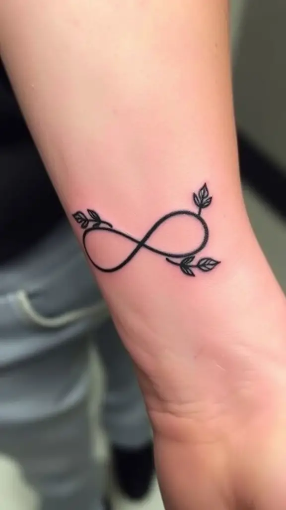 A minimalist infinity symbol tattoo with leaves on a person's forearm.