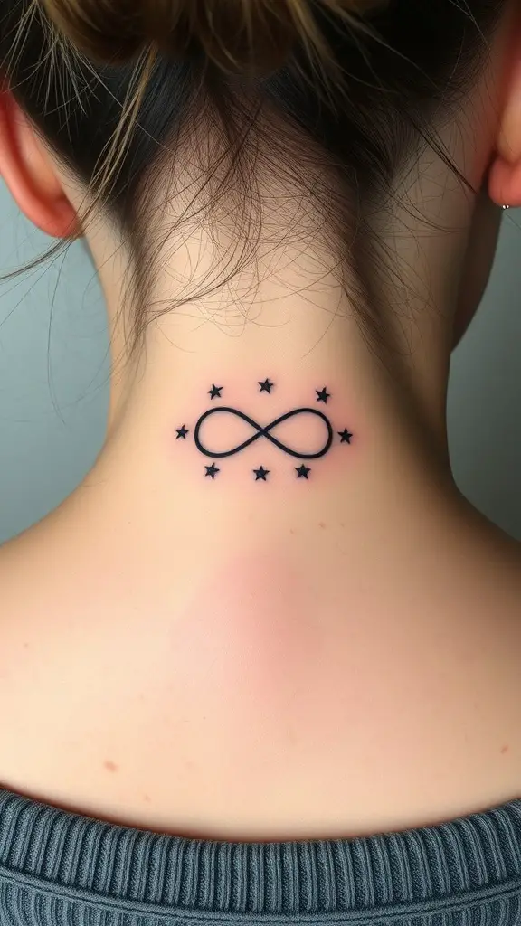 Tattoo of infinity symbol surrounded by stars on the back of a person's neck.