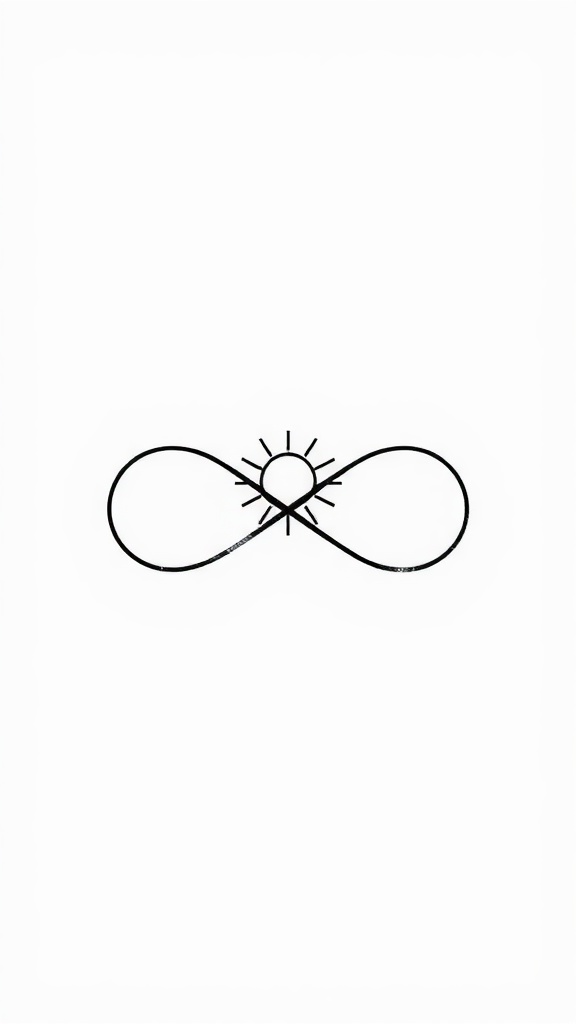 Minimalist infinity symbol tattoo with sun and moon elements.