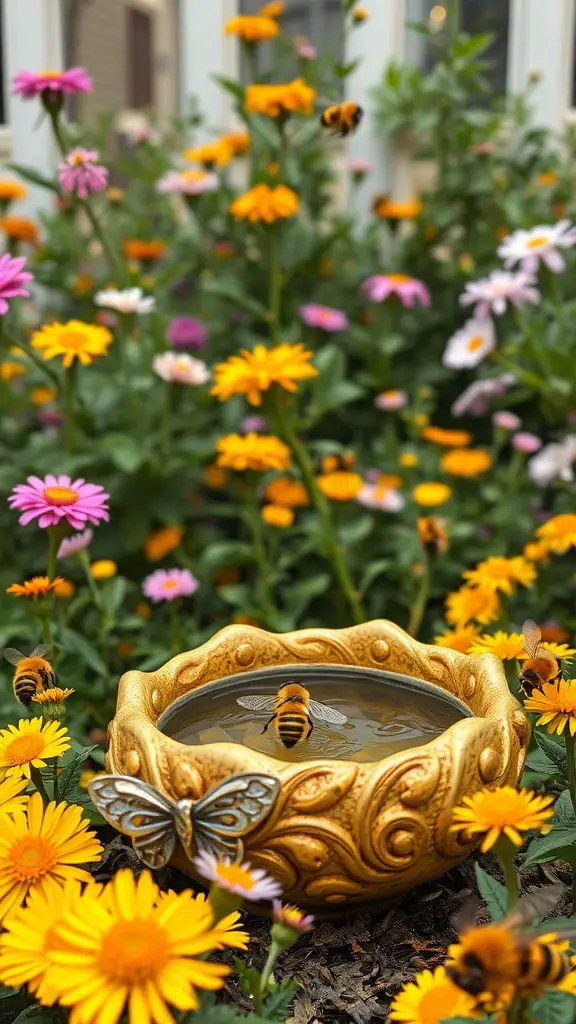 A decorative bee bath surrounded by colorful flowers with bees hovering around.
