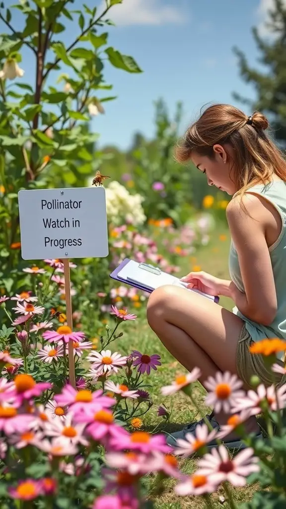 A person observing pollinators in a flower garden, with a sign that reads 'Pollinator Watch in Progress'.