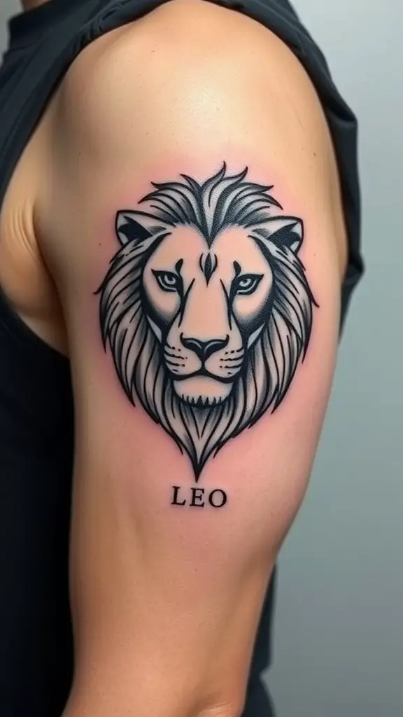 Leo lion head tattoo on the upper arm.