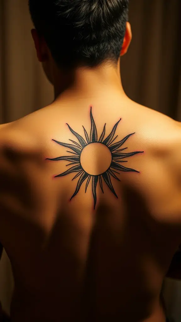 Minimalist Leo sun rays tattoo on the back of a person.