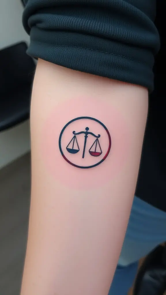 Minimalist Libra tattoo featuring scales within a circle.
