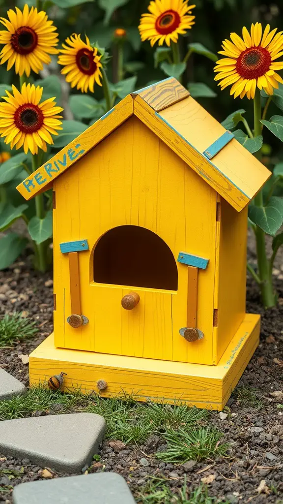 A bright yellow mini beehive with blue accents among sunflowers.