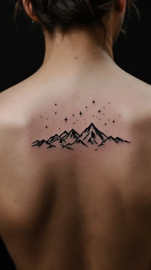 Minimalist mountain tattoo featuring a range with stars above.