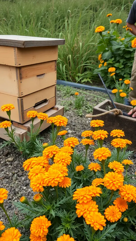 A vibrant garden with marigolds and a beehive in the background.