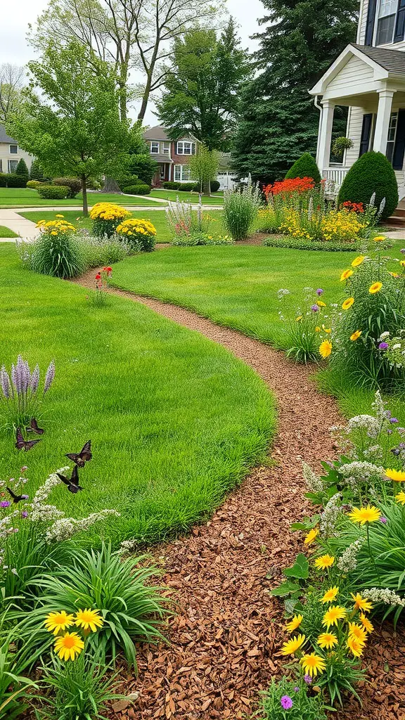 A vibrant garden with a winding path and colorful flowers, supporting local pollinators.
