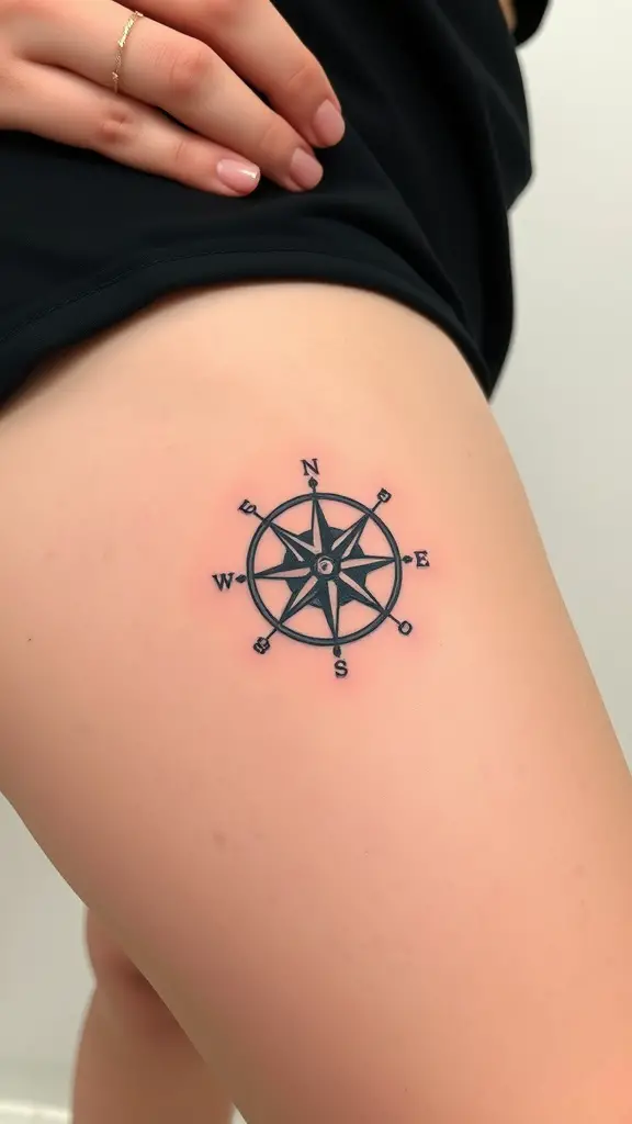 A close-up of a compass tattoo on the thigh, representing Sagittarius.
