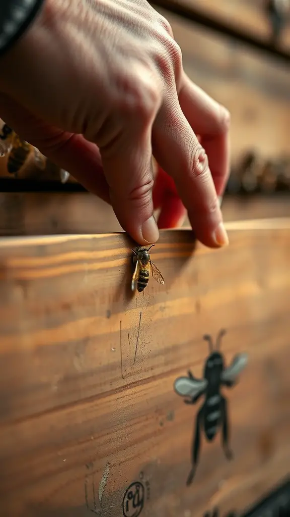 A hand gently sealing a beehive with beeswax, showing care for the bees.