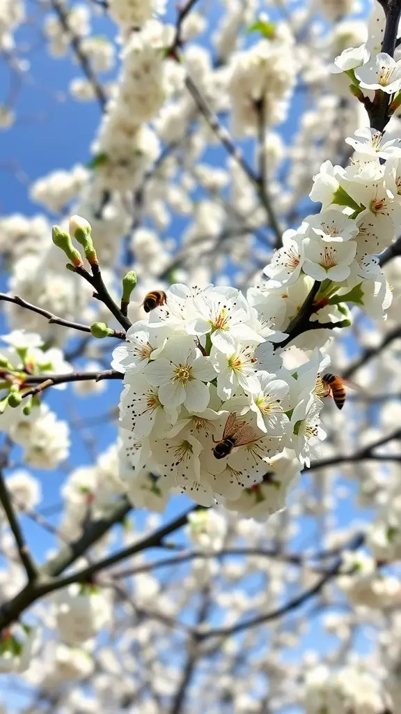 A close-up of blooming Serviceberry flowers with bees collecting pollen.