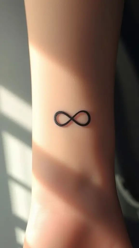 Minimalist single line infinity symbol tattoo on a wrist.