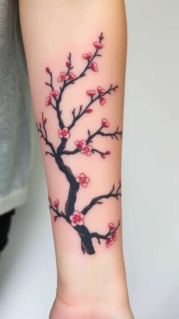 Stylized cherry blossom tree tattoo on a person's forearm