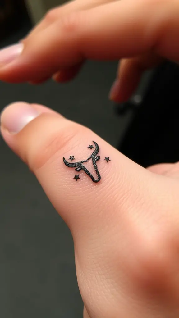 A tiny Taurus tattoo with stars on a finger.