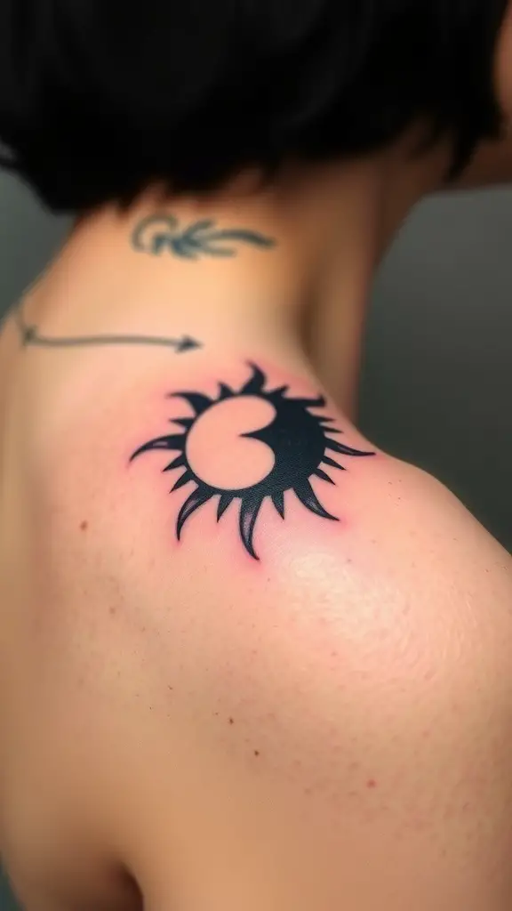 Fine line tattoo of a sun on a person's shoulder
