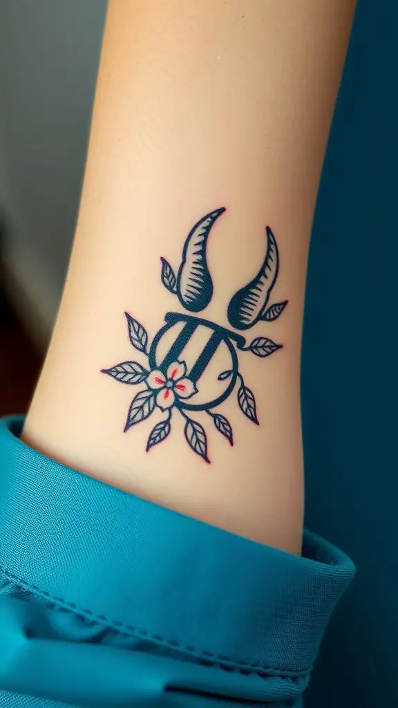 A floral design tattoo featuring the Taurus symbol on a person's wrist.