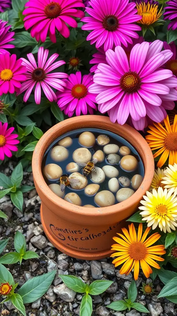 A terracotta pot filled with water and pebbles, surrounded by colorful flowers in a garden.