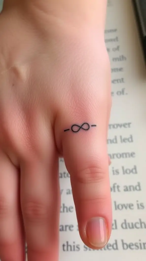 A tiny infinity symbol tattoo on a person's finger.