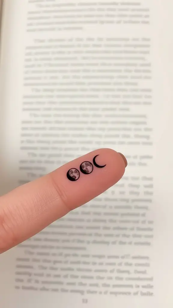 A finger tattoo featuring tiny moon phases: full moon, half moon, and crescent moon.