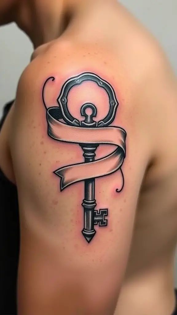 Traditional key tattoo with a ribbon on a shoulder.