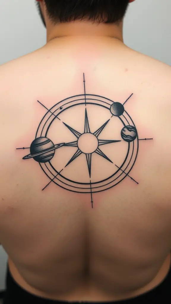 Tattoo of celestial bodies including planets and a sun on the back