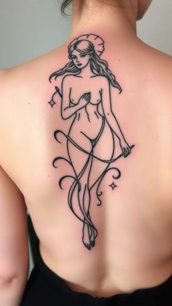 Minimalist Virgo maiden tattoo on the back of a woman's neck.