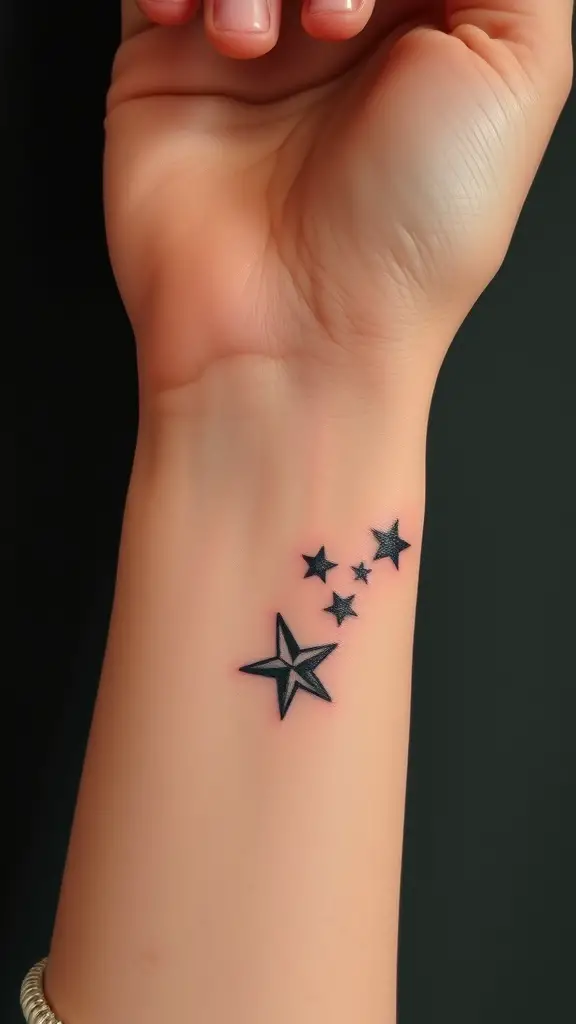 Minimalist Virgo constellation tattoo with stars on wrist.