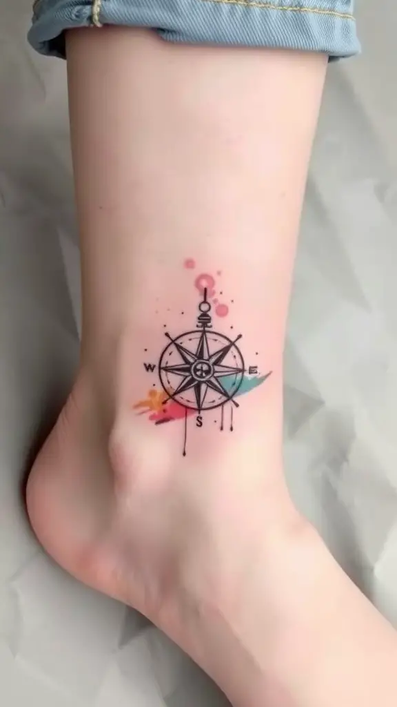 Watercolor compass tattoo on an ankle with vibrant colors.