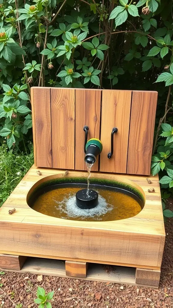 Wooden pallet bee fountain with a water spout and a shallow basin