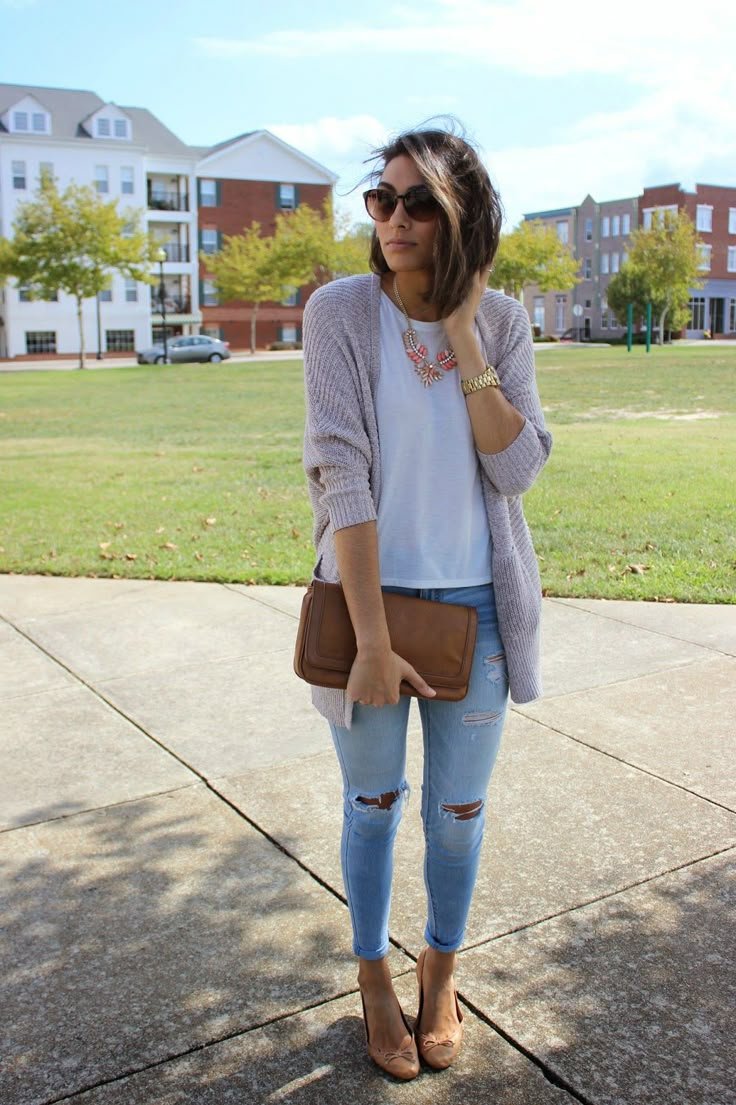 Women's Grey Open Cardigan, White Crew-neck T-shirt, Light Blue Ripped Skinny Jeans, Brown Leather Ballerina Shoes Women's Grey Open Cardigan, White Crew-neck T-shirt, Light Blue Ripped Skinny Jeans, Brown Leather Ballerina Shoes - baby blue sweater outfit