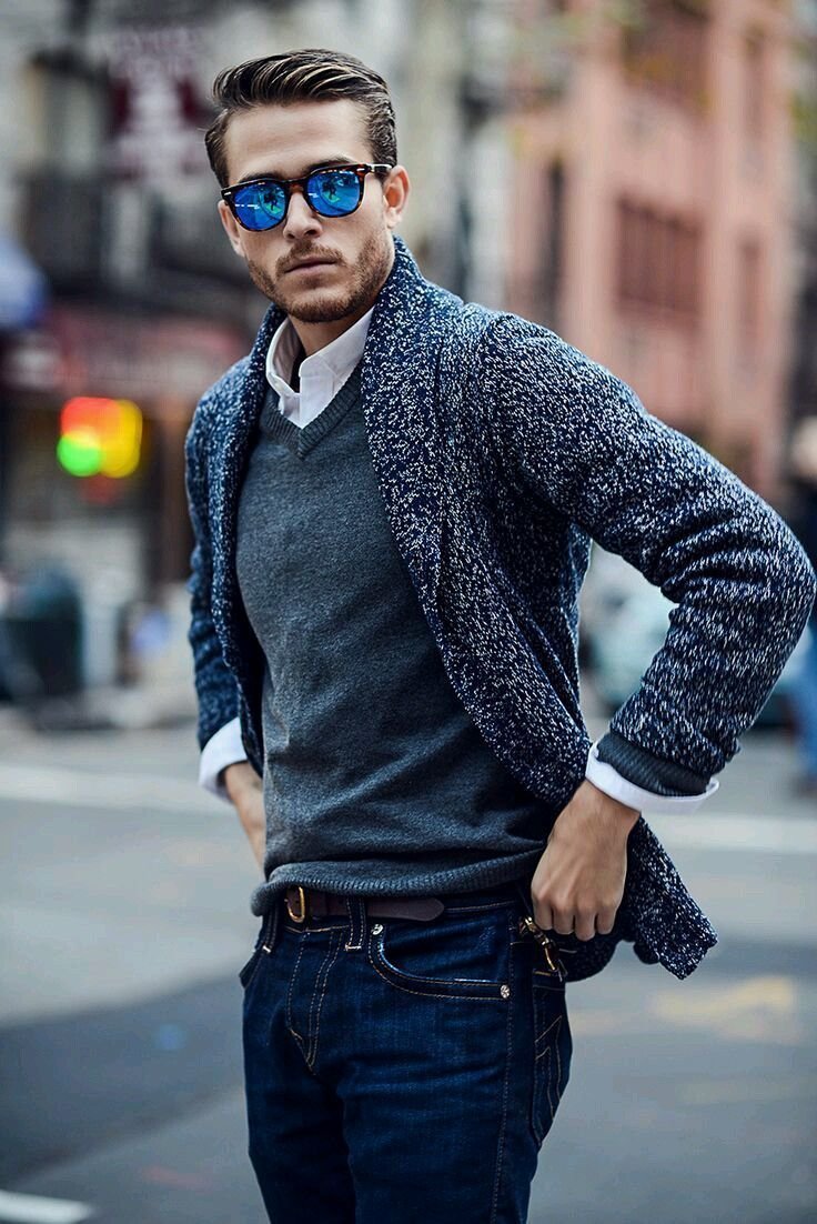 Men's Navy Shawl Cardigan, Charcoal V-neck Sweater, White Long Sleeve Shirt, Navy Jeans Men's Navy Shawl Cardigan, Charcoal V-neck Sweater, White Long Sleeve Shirt, Navy Jeans - navy blue cardigan outfit
