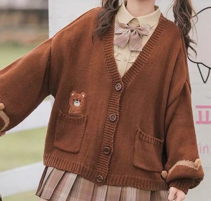 Kawaii Japanese Brown Bear Knitted Oversized Cardigan | Cute Cardigan Outfits Aesthetic Kawaii Japanese Brown Bear Knitted Oversized Cardigan | Cute Cardigan Outfits Aesthetic - tan cardigan outfit